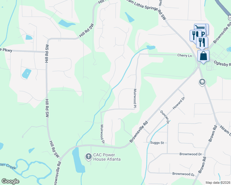 map of restaurants, bars, coffee shops, grocery stores, and more near 4589 Muirwood Circle in Powder Springs