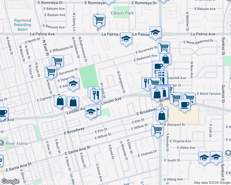 map of restaurants, bars, coffee shops, grocery stores, and more near 1663 East Lincoln Avenue in Anaheim