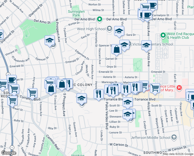 map of restaurants, bars, coffee shops, grocery stores, and more near 20832 Henrietta Street in Torrance
