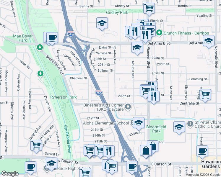 map of restaurants, bars, coffee shops, grocery stores, and more near 20828 Nectar Avenue in Lakewood