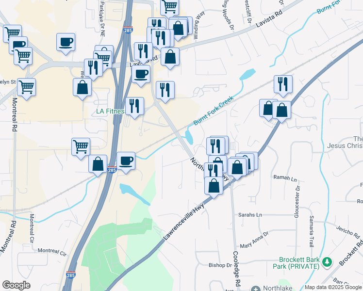 map of restaurants, bars, coffee shops, grocery stores, and more near in Tucker
