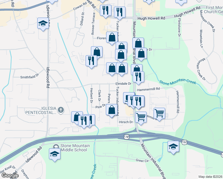 map of restaurants, bars, coffee shops, grocery stores, and more near 1941 Tucker Industrial Road in Tucker