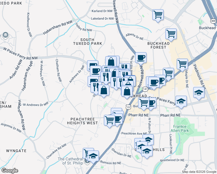 map of restaurants, bars, coffee shops, grocery stores, and more near 92 West Paces Ferry Road Northwest in Atlanta
