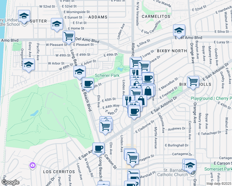 map of restaurants, bars, coffee shops, grocery stores, and more near 4521 Whaley Avenue in Long Beach