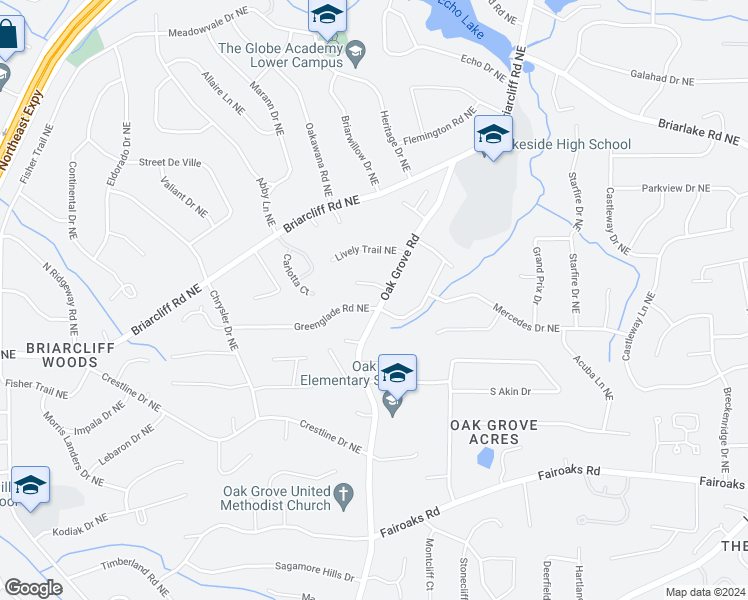 map of restaurants, bars, coffee shops, grocery stores, and more near 1976 Oak Grove Road Northeast in Atlanta