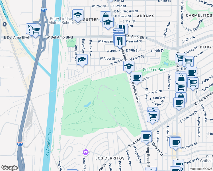 map of restaurants, bars, coffee shops, grocery stores, and more near 4641 North Virginia Road in Long Beach