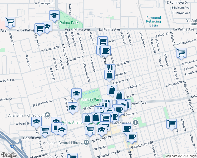 map of restaurants, bars, coffee shops, grocery stores, and more near 602 North Lemon Street in Anaheim