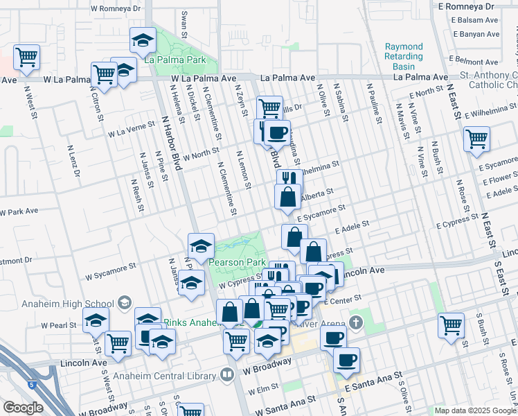 map of restaurants, bars, coffee shops, grocery stores, and more near 602 North Lemon Street in Anaheim