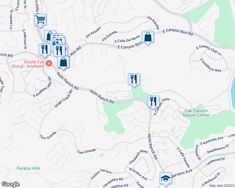 map of restaurants, bars, coffee shops, grocery stores, and more near 6401 Nohl Ranch Road in Anaheim