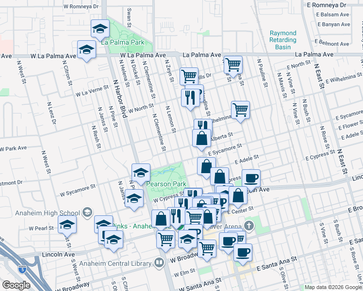 map of restaurants, bars, coffee shops, grocery stores, and more near 602 North Lemon Street in Anaheim