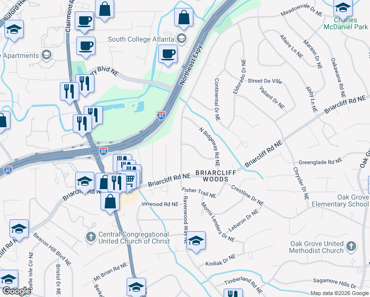 map of restaurants, bars, coffee shops, grocery stores, and more near 1965 Fisher Trail Northeast in Atlanta