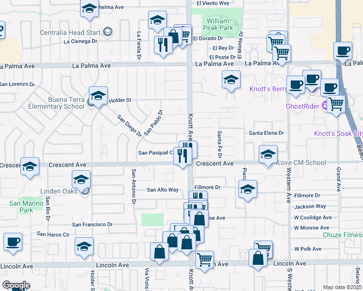 map of restaurants, bars, coffee shops, grocery stores, and more near 6972 San Diego Drive in Buena Park