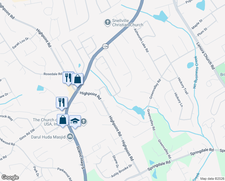 map of restaurants, bars, coffee shops, grocery stores, and more near 3323 Newtons Crest Circle in Snellville