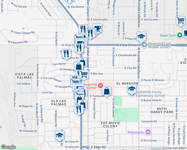 map of restaurants, bars, coffee shops, grocery stores, and more near 291 East Mel Avenue in Palm Springs