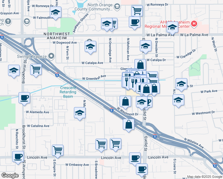 map of restaurants, bars, coffee shops, grocery stores, and more near 1820 West Glencrest Avenue in Anaheim