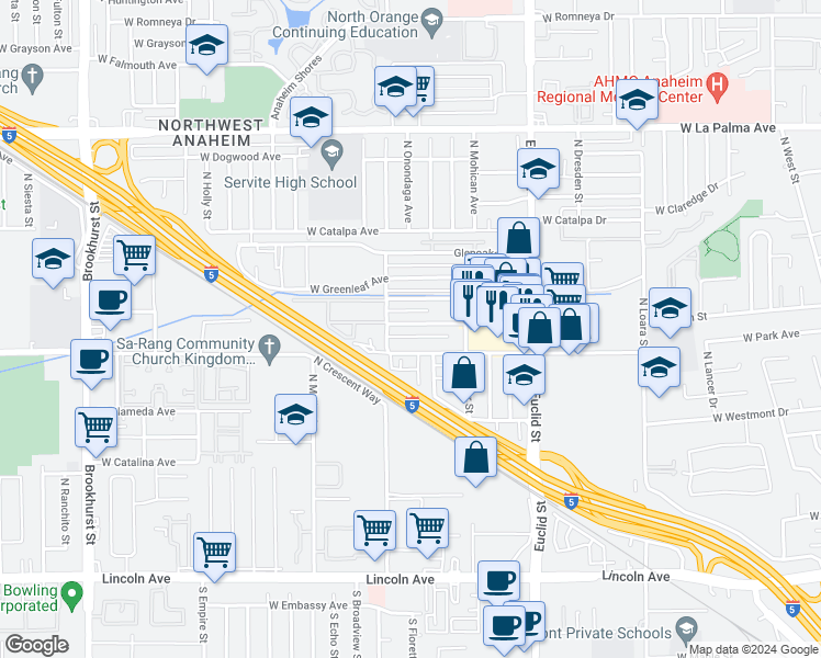 map of restaurants, bars, coffee shops, grocery stores, and more near 1820 West Glencrest Avenue in Anaheim