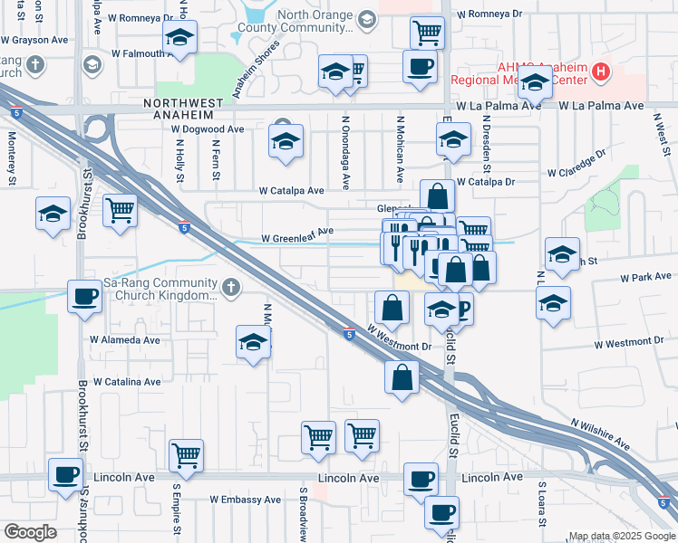 map of restaurants, bars, coffee shops, grocery stores, and more near 1820 West Glencrest Avenue in Anaheim