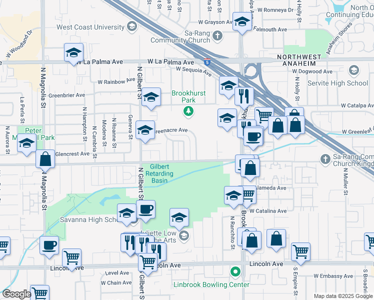 map of restaurants, bars, coffee shops, grocery stores, and more near 604 North Moraga Street in Anaheim