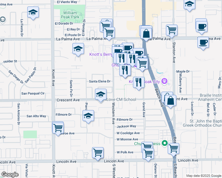 map of restaurants, bars, coffee shops, grocery stores, and more near in Buena Park