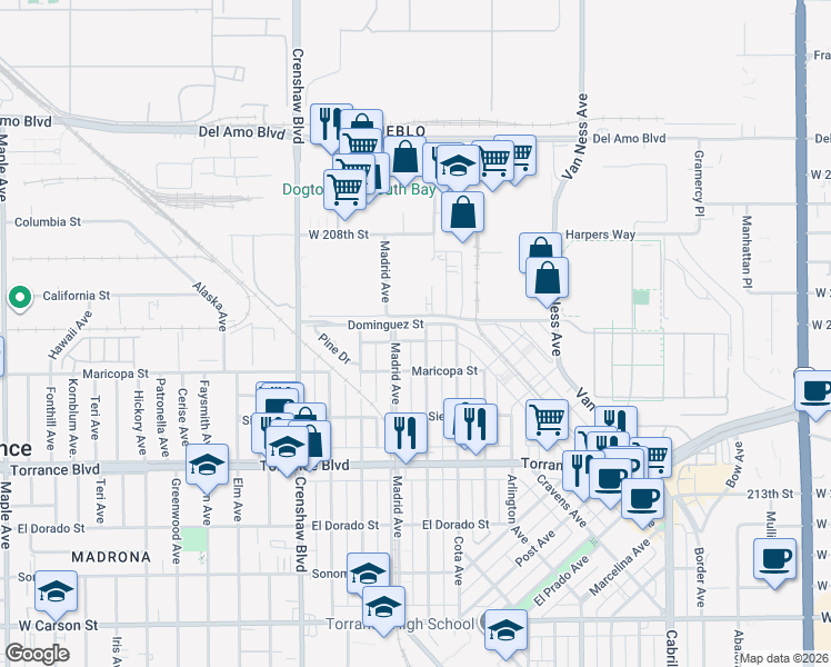 map of restaurants, bars, coffee shops, grocery stores, and more near 704 Madrid Avenue in Torrance