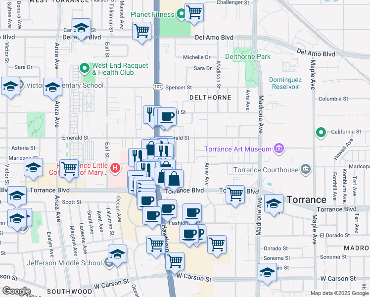 map of restaurants, bars, coffee shops, grocery stores, and more near 3720 Emerald Street in Torrance