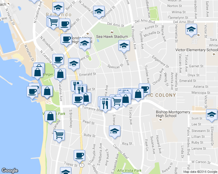 map of restaurants, bars, coffee shops, grocery stores, and more near 205 South Helberta Avenue in Redondo Beach