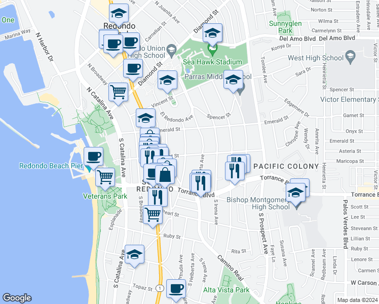 map of restaurants, bars, coffee shops, grocery stores, and more near 205 South Guadalupe Avenue in Redondo Beach