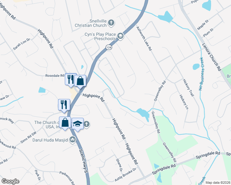 map of restaurants, bars, coffee shops, grocery stores, and more near 3323 Newtons Crest Circle in Snellville