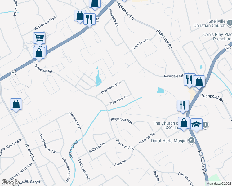 map of restaurants, bars, coffee shops, grocery stores, and more near 2529 Green Forest Court in Snellville