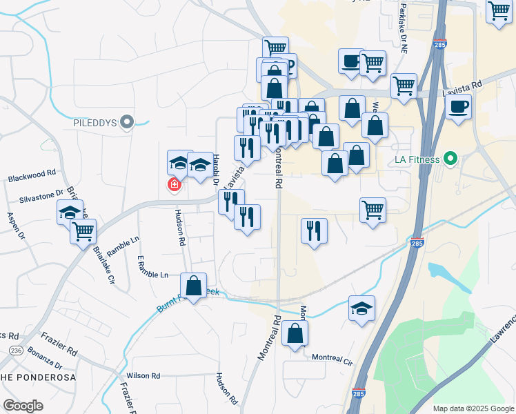 map of restaurants, bars, coffee shops, grocery stores, and more near 3191 Manitoba Trail in Tucker