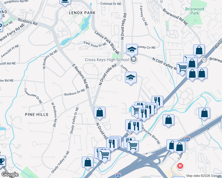 map of restaurants, bars, coffee shops, grocery stores, and more near 1183 Gail Drive Northeast in Atlanta