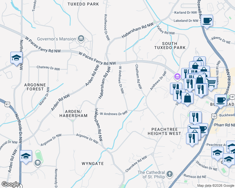 map of restaurants, bars, coffee shops, grocery stores, and more near 14 West Andrews Drive Northwest in Atlanta