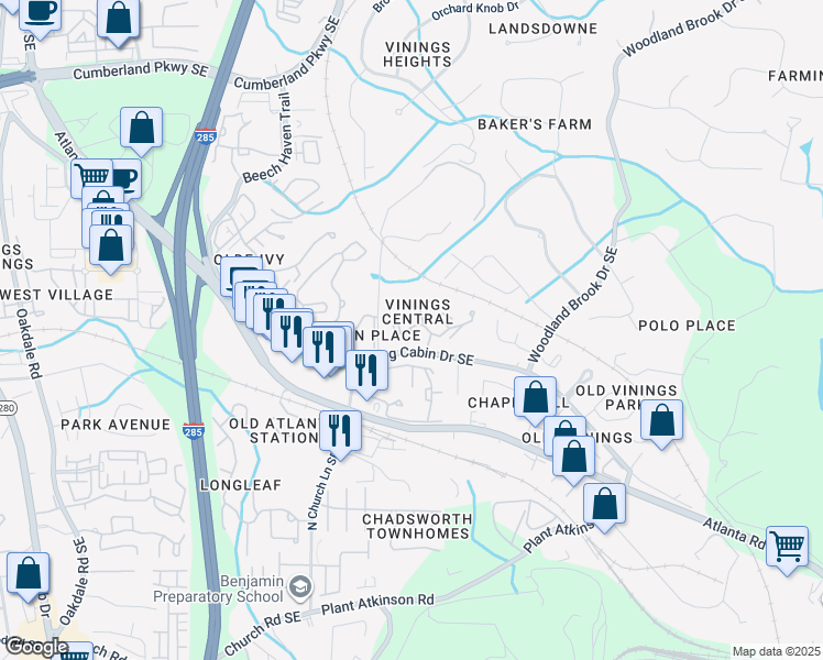 map of restaurants, bars, coffee shops, grocery stores, and more near 2714 Vinings Central Drive in Smyrna
