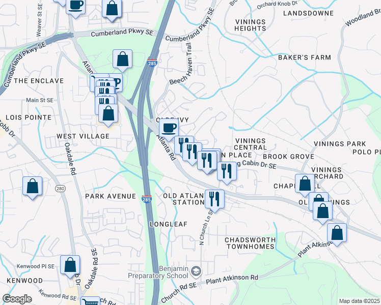 map of restaurants, bars, coffee shops, grocery stores, and more near 4644 Log Cabin Drive Southeast in Smyrna