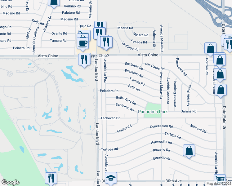 map of restaurants, bars, coffee shops, grocery stores, and more near 68145 Peladora Road in Cathedral City