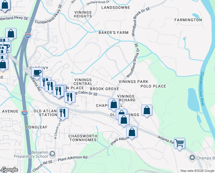 map of restaurants, bars, coffee shops, grocery stores, and more near 2770 Brookgrove Lane Southeast in Atlanta
