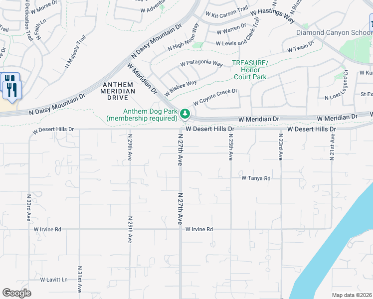 map of restaurants, bars, coffee shops, grocery stores, and more near 2633 West Saber Road in Phoenix