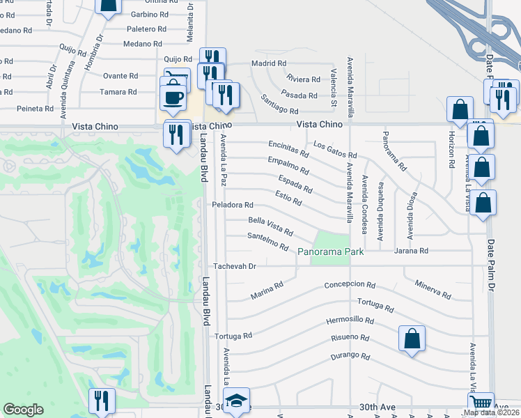 map of restaurants, bars, coffee shops, grocery stores, and more near 68190 Bella Vista Road in Cathedral City