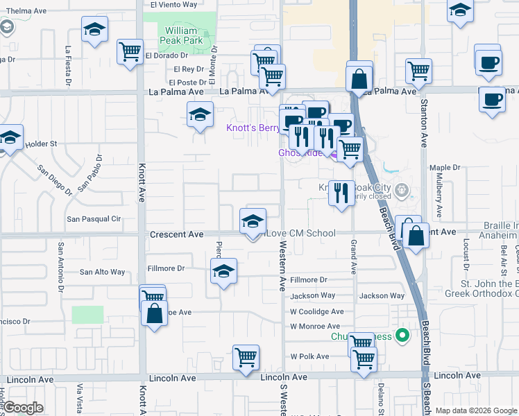 map of restaurants, bars, coffee shops, grocery stores, and more near 7426 Santa Valera Street in Buena Park