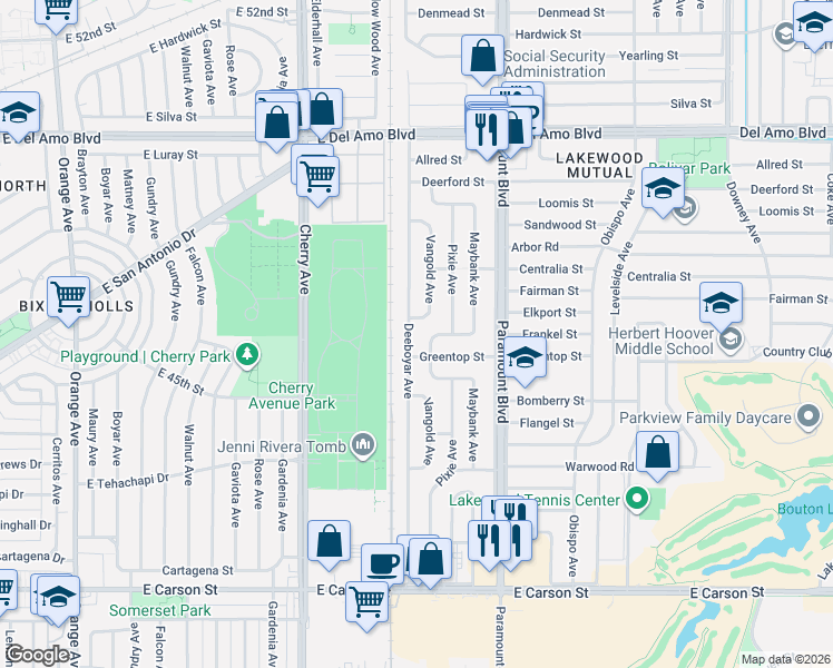 map of restaurants, bars, coffee shops, grocery stores, and more near 2503 Greentop Street in Lakewood