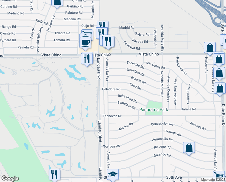 map of restaurants, bars, coffee shops, grocery stores, and more near 68115 Peladora Road in Cathedral City