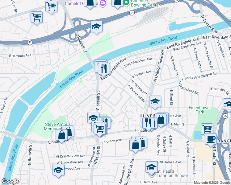 map of restaurants, bars, coffee shops, grocery stores, and more near 404 East Meadowbrook Avenue in Orange