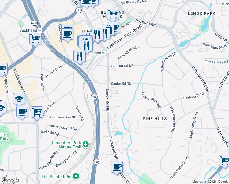 map of restaurants, bars, coffee shops, grocery stores, and more near 940 Crane Road Northeast in Atlanta