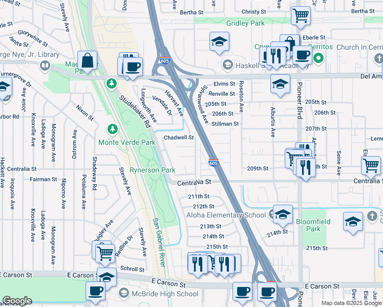 map of restaurants, bars, coffee shops, grocery stores, and more near 11381 Walcroft Street in Lakewood