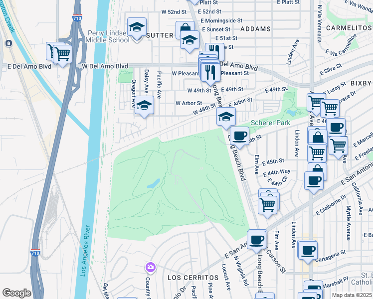 map of restaurants, bars, coffee shops, grocery stores, and more near 4641 North Virginia Road in Long Beach