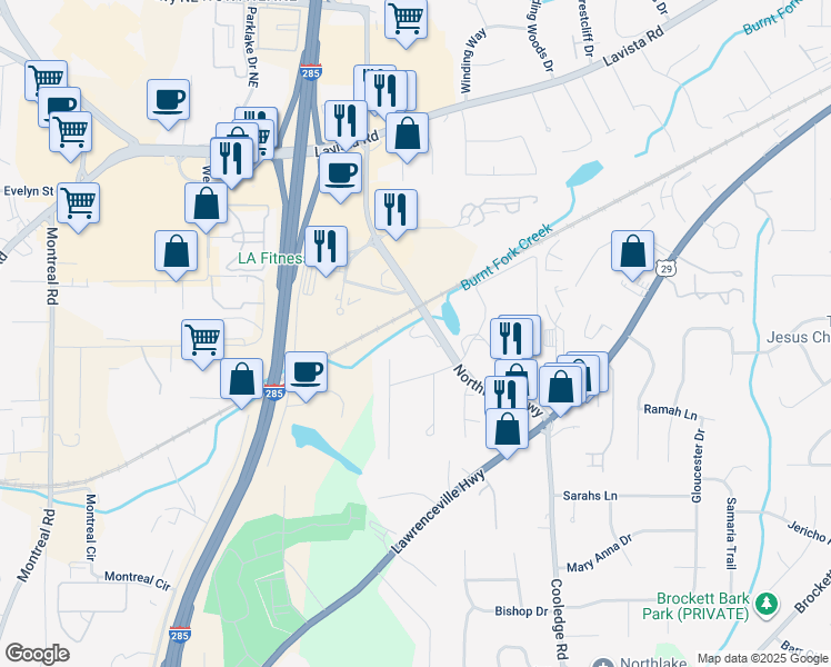 map of restaurants, bars, coffee shops, grocery stores, and more near 1935 Cameo Court in Tucker