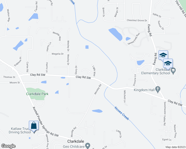 map of restaurants, bars, coffee shops, grocery stores, and more near 3451 Grandeur Drive in Austell