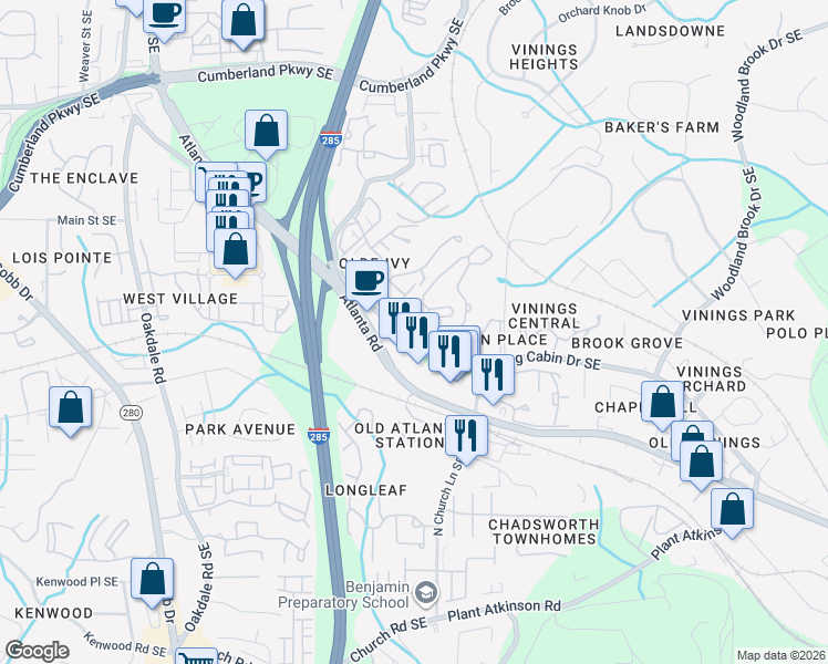 map of restaurants, bars, coffee shops, grocery stores, and more near 4644 Log Cabin Drive Southeast in Smyrna