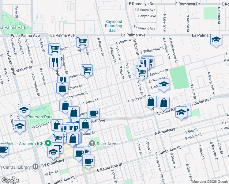map of restaurants, bars, coffee shops, grocery stores, and more near 520 East Adele Street in Anaheim