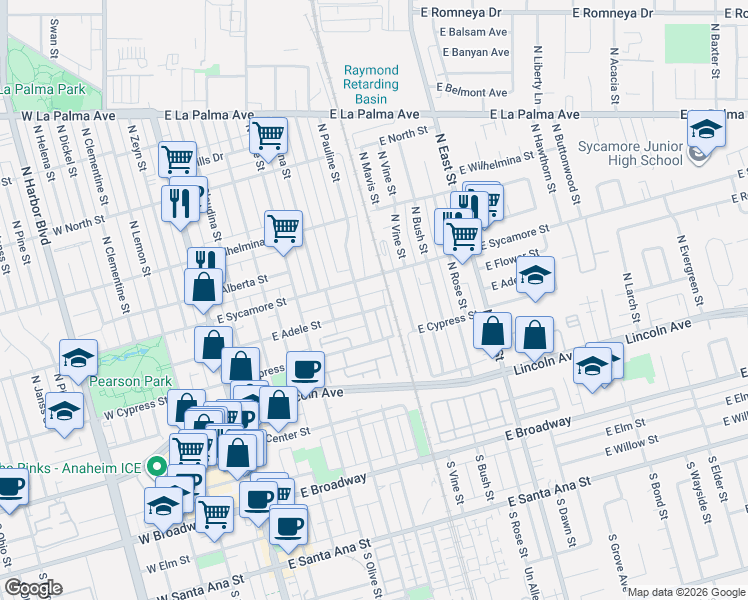 map of restaurants, bars, coffee shops, grocery stores, and more near 611 East Adele Street in Anaheim